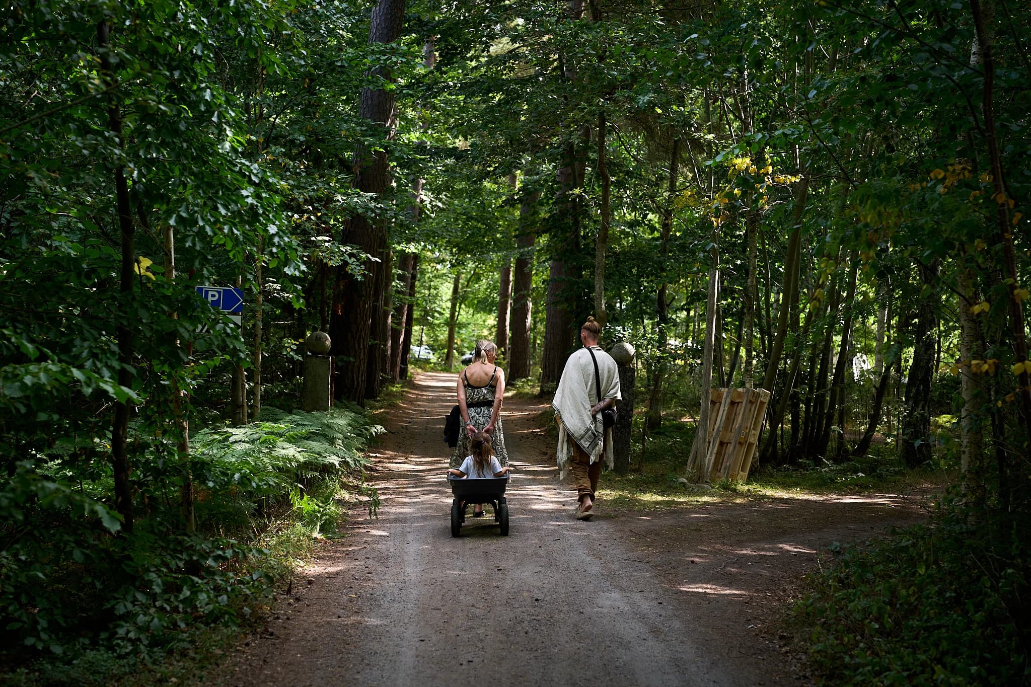 People walking along a wooded path, pulling a small wagon.