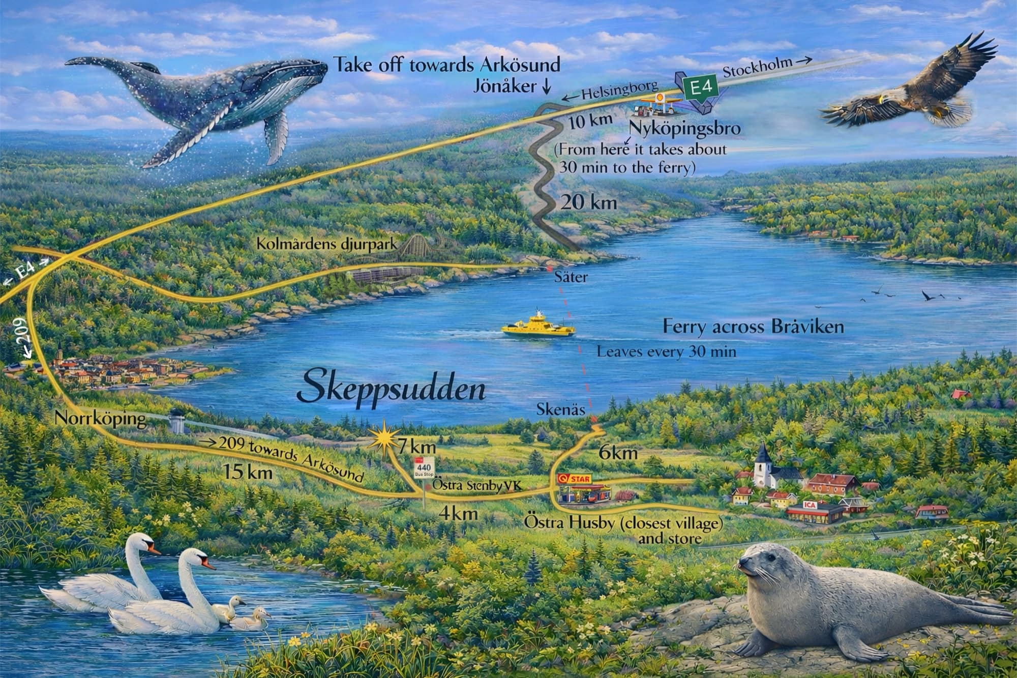 Illustrated map of the journey to Skeppsudden — the E4 from Stockholm, the ferry across Bråviken, and Road 209 from Norrköping